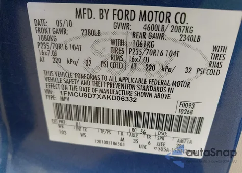2010 Ford Escape Xlt z USA, uszkodzony, nr VIN 1FMCU9D7XAKD06332